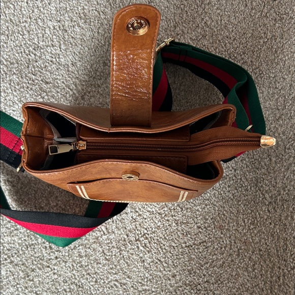 Petite Brown Leather Crossbody Bag with Striped Strap - Picture 3 of 7